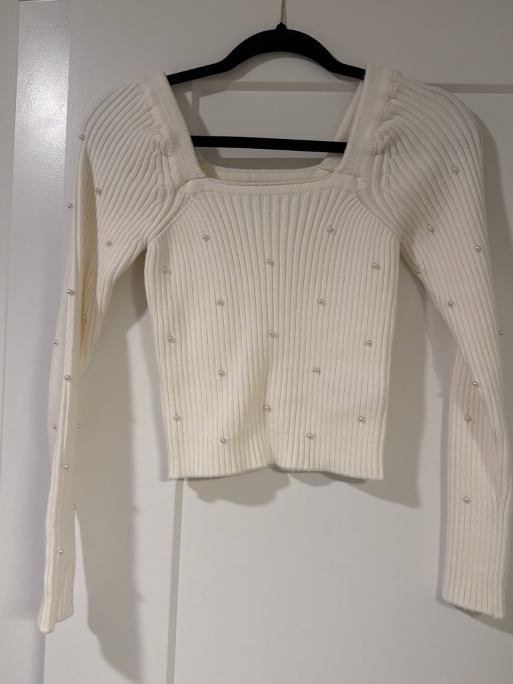 Lulu's Cream Ribbed Pearl-Accent Square-Neck Sweater Top